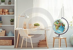 Ai generative. Back to school. Kids bedroom with wooden desk, books, globe