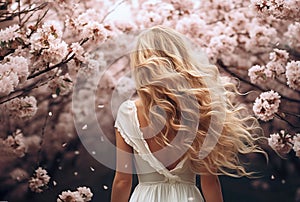 Ai generative. Back view, beautiful young woman with long curly blond hair against the backdrop of cherry blossoms