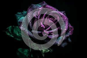 Ai Generative Beautiful dark purple rose with water drops on petals on black background