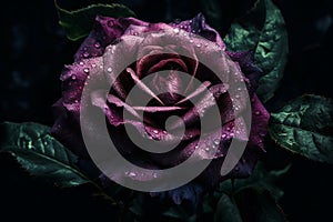 Ai Generative Beautiful dark purple rose with water drops on petals on black background