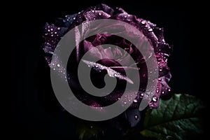 Ai Generative Beautiful dark purple rose with water drops on petals on black background