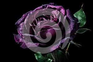 Ai Generative Beautiful dark purple rose with water drops on petals on black background