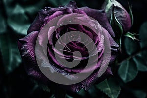 Ai Generative Beautiful dark purple rose with water drops on petals on black background