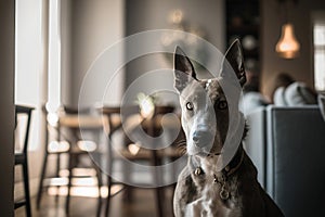 AI GENERATIVE, a beautiful gran danes dog in the foreground in the dining room photo