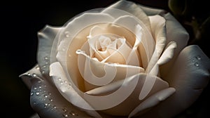 Ai Generative Beautiful white rose with water drops on a black background