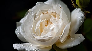 Ai Generative Beautiful white rose with water drops on a black background