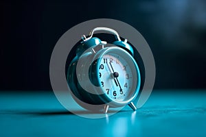 Ai Generative Blue alarm clock on a blue background. Time to wake up. Time management concept