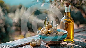 Bowl of green olives and a bottle of olive oil on a table with a bokeh background.