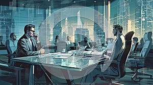 Ai Generative Business people working in modern meeting room with city view