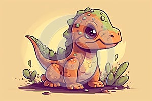 Ai Generative Cartoon scene with happy dinosaur in the jungle - illustration for children