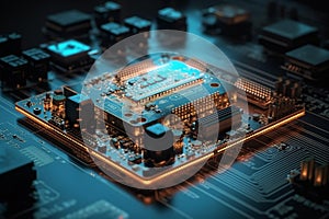 Ai Generative Circuit board with microchips close up. Electronic computer hardware technology. 3d rendering