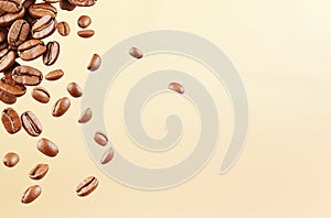 Ai generative. Coffee beans falling from top to bottom. light brown background