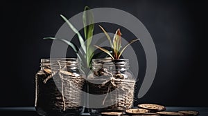 Ai Generative Coins in glass jars with green plant on dark background. Saving money concept