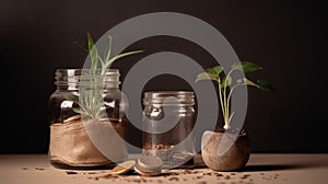 Ai Generative Coins in glass jars with green plant on dark background. Saving money concept