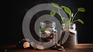 Ai Generative Coins in glass jars with green plant on dark background. Saving money concept