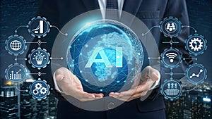 AI generative concept with programmer hand holding virtual command interface of machine learning to analyses data