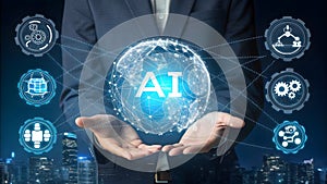 AI generative concept with programmer hand holding virtual command interface of machine learning to analyses data