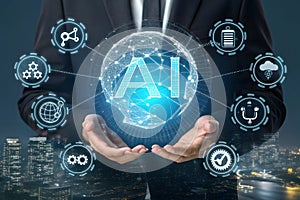 AI generative concept with programmer hand holding virtual command interface of machine learning to analyses data