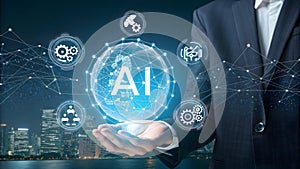 AI generative concept with programmer hand holding virtual command interface of machine learning to analyses data