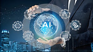 AI generative concept with programmer hand holding virtual command interface of machine learning to analyses data