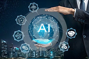 AI generative concept with programmer hand holding virtual command interface of machine learning to analyses data