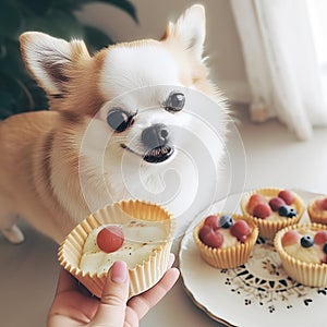 AI generative Cute dog with meat tart on a wooden tray