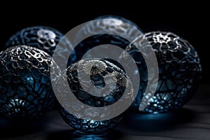 Ai Generative 3D rendering of a group of blue glass spheres on a dark background