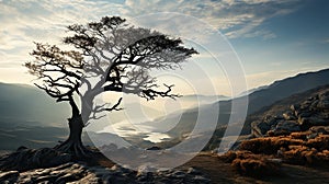 AI generative, Death tree at the moutain have a brance and less of leaf, backlit style, landscape background,