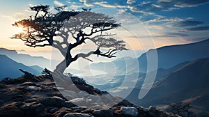 AI generative, Death tree at the moutain have a brance and less of leaf, backlit style, landscape background,