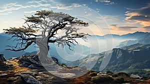 AI generative, Death tree at the moutain have a brance and less of leaf, backlit style, landscape background,