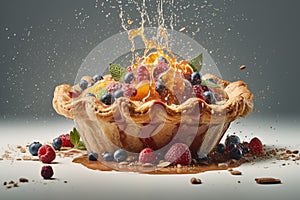 Ai Generative Delicious fruit tartlet or Tasty apple pie on a grey background with splashes of cream