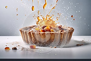 Ai Generative Delicious fruit tartlet or Tasty apple pie on a grey background with splashes of cream