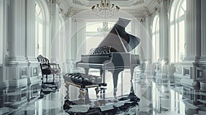 Elegant black grand piano in a luxurious white room with classical architecture and reflections on the floor.