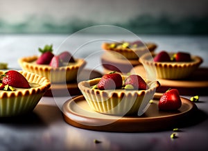 Ai Generative Elegant Set of Decadent Strawberry Custard Tartlets and Cakes for Dessert