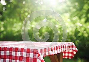 AI generative. Empty picnic table with defocused lush foliage background