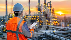 An engineer with a tablet at a refinery at sunset.
