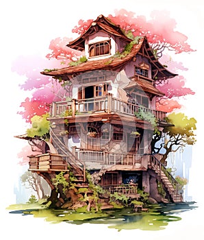 Ai generative fairy tale old pretty house with flowers decoration