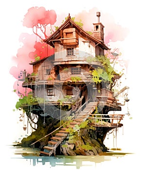 Ai generative fairy tale old pretty house with flowers decoration