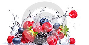 AI generative. Fresh berries with water splash on white