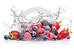 AI generative. Fresh berries with water splash on white