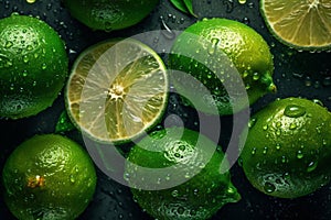 Ai Generative Fresh limes with water drops on black background. Top view