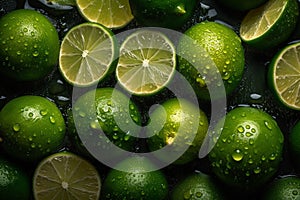 Ai Generative Fresh limes with water drops on black background. Top view
