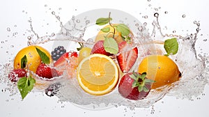 AI Generative.fresh multi fruits and vegetables splashing into blue clear water splash healthy food diet freshness concept