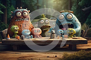 Ai Generative Funny monsters on a wooden table in the garden. Halloween concept