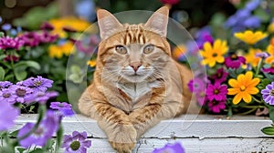 Ginger cat with crossed paws among vibrant garden flowers.