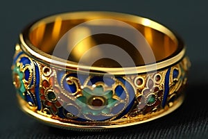 Ai Generative Gold ring with turquoise and blue gems on a black background
