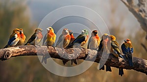 Ai Generative Group of colorful birds sitting on a branch in the forest at dawn