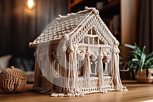 Ai Generative Handmade knitted house on a wooden table in the interior