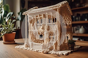 Ai Generative Handmade knitted house on a wooden table in the interior