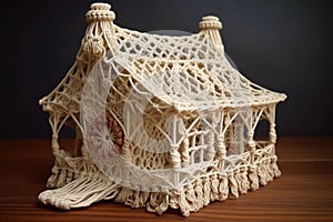 Ai Generative Handmade knitted house on a wooden table in the interior